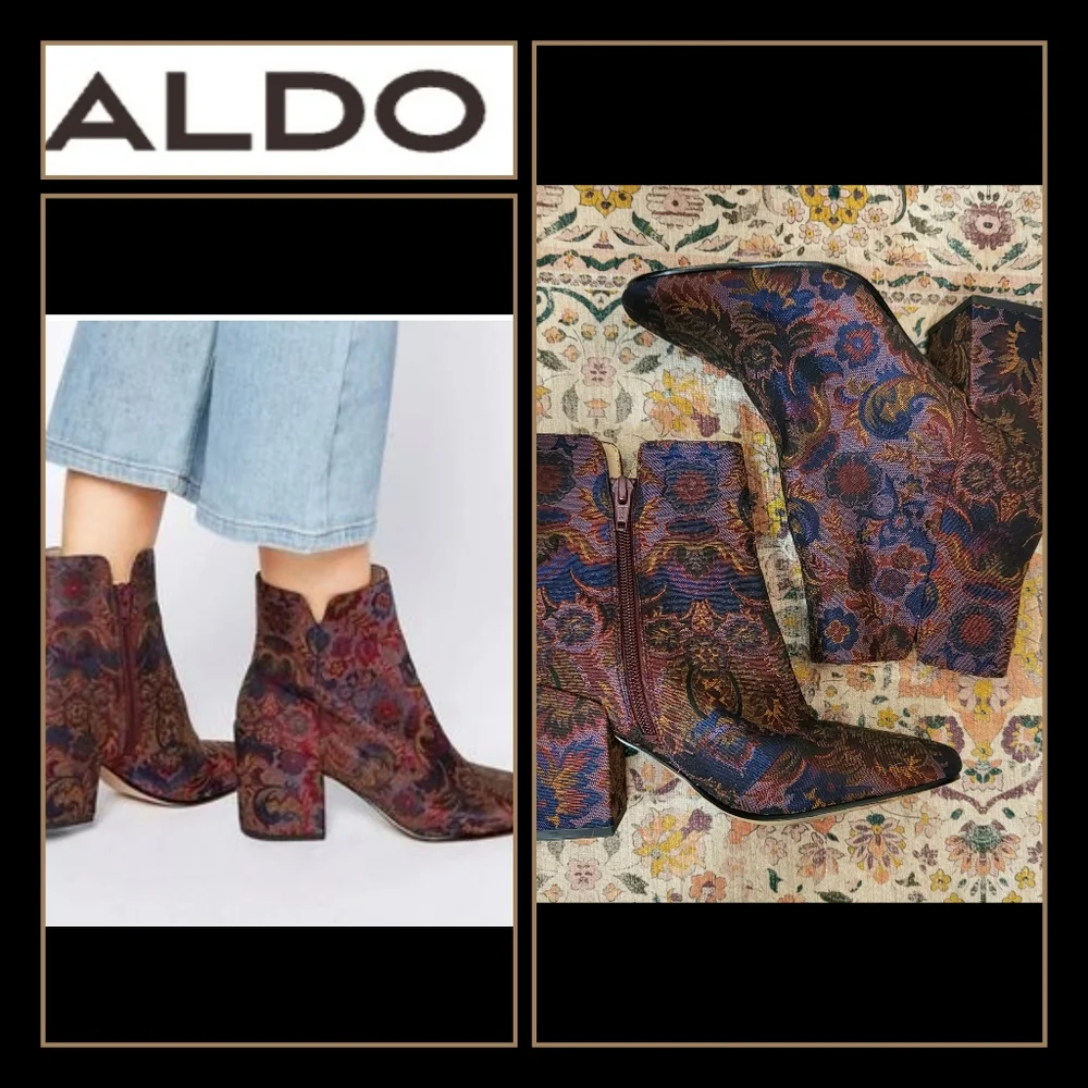 ALDO Size 7 Sully Floral Retro 70s Style Ankle Boots Tapestry Fabric Booties